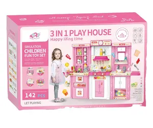 142 पीसीएस 3इन1 बेबी बारबेक्यू / किचन / ड्रेसिंग धुआं पानी बड़ा बड़ा खिलौना प्लास्टिक महल रसोई सेट खिलौने बच्चों के लिए
