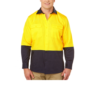 在庫品 高視認性 通気性 綿 イエロー/ネイビー ツートン 長袖 建設 反射 安全 UPF50+ Hi-Vis 作業シャツ - Product Image 2