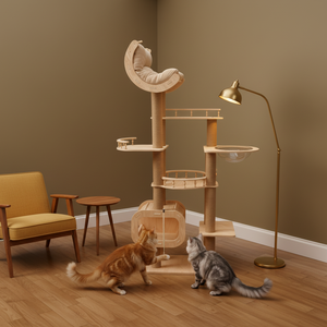 Çevre Dostu Çok Katmanlı Sisal MDF Masif Ahşap Modern Kedi Yuvası Kedi Ağacı Entegre Uzay Kapsülü Tasarımı 4 Katlı Kedi Kartonu - Product Image 2