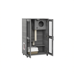 Arbre à chat, mobilier pour animaux de compagnie avec bac à litière, maison pour chat en bois moderne pour chats de taille moyenne - Product Image 1