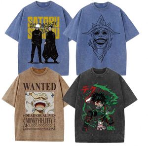 T-shirt délavé style 63 avec impression UV, thèmes Jujutsu Battle, My Hero Academia, WANTED, Luffy, Zoro, Solo Leveling, pour hommes et femmes, style anime - Product Image 1