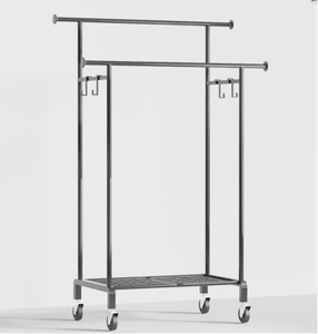 Porte-vêtements à double tringle sur roulettes, robuste, en métal, avec étagère inférieure pour rangement de chambre et placard - Product Image 1