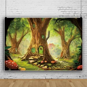 Palmy Mushroom Fantasy Wonderland Happy Birthday Background Cloth Banner Photography Backdrop for Birthday Party Supplier