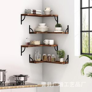 Wooden Corner <b>Shelf</b> Wall Mounted Retro Color 4 Tier Multipurpose Display <b>Rack</b> For Home Living Room Decor - Product Image 4