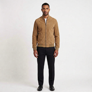 Wholesale Fashionable <b>Men</b> <b>Suede</b> Bomber <b>Jacket</b> Tan Beige Classic Flight Coat Custom Slim Fit Ribbed Knit Trim Eco-Friendly - Product Image 1