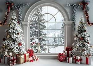 크리스마스 스타일 8x6ft 부드러운 패브릭 벽난로 장식 사진 배경막, 성탄절 트리 눈 내리는 벽 바닥 파티 사진 배경 - Product Image 5