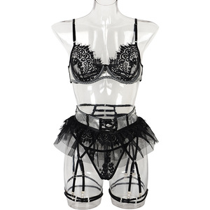 Lingerie érotique, sous-vêtements fantaisie, ensemble de soutien-gorge et culotte en dentelle transparente, ensemble de lingerie sexy de luxe en 4 pièces, jupe sexy, vêtements pour femmes - Product Image 4