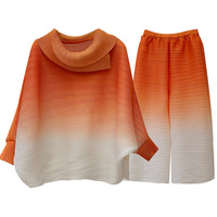 Ensemble plissé géométrique dégradé pour femme, nouvelle collection Printemps 2025 : Haut ample à revers + Pantalon décontracté large à la cheville en polyester