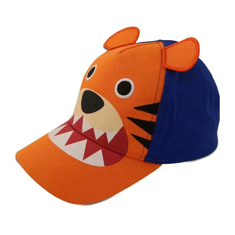 Diseño personalizado Tigre Critter bordado estampado animal orejas algodón curvado pico 5-Panel niños sombreros gorra de béisbol para niños