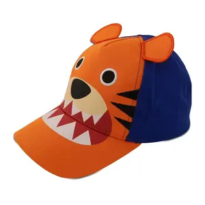 Design personalizado tigre bicho bordado impressão orelhas animais algodão curvo bill 5 painéis crianças chapéus boné de beisebol para crianças