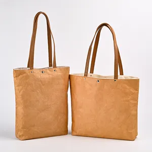 Stylish Recycled Double Layer Brown Dupont Paper Shopping Bag Big Capacity Tyvek Tote Eco- Friendly Kraft Paper Bag with Pocket