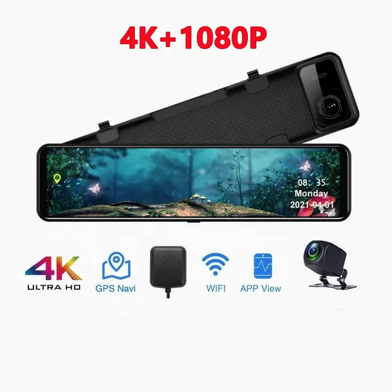 4K + 1080P 12 Inch Achteruitkijkspiegel Auto Dvr Dash Cam Auto Dash Camera Voor En Achter 4K Met Wifi Gps Dual Lens Auto Elektronica