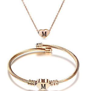 Stainless Steel Heart Necklace And <b>Bracelet</b> Set Rose Gold <b>Initial</b> M For Women Gift Jewelry Set - Product Image 1