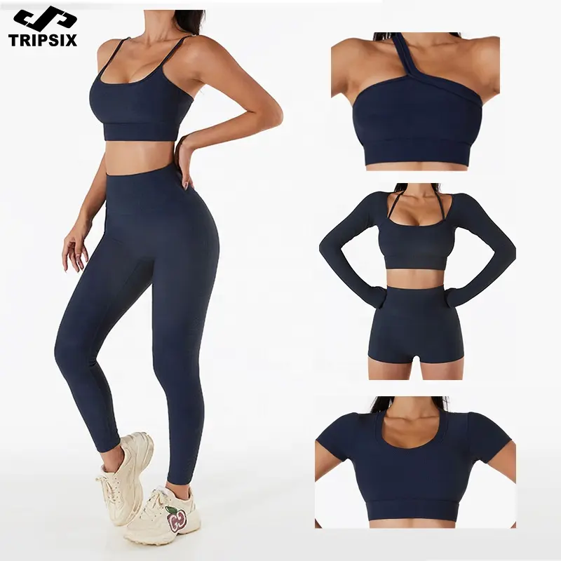 6 Pieces Seamless Sexy Halter Strap Long Sleeve Crop Top And Push Up Nylon Running Workout Legging Sets Women Training Clothes
