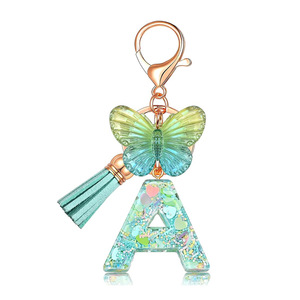 Llavero con Letra A de Mariposa Verde Menta, Colgante Acrílico Brillante con Borla, Estilo Fresco para Bolsos y Llaves - Product Image 1