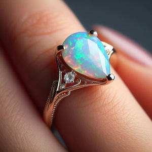 Anello A068 in Oro Rosa con Opale e Diamanti Laterali, Stile Vintage, Anello di Fidanzamento da Donna con Diamante Naturale Taglio a Pera - Product Image 1