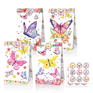 Lb164 bolsas de borboleta com 12 peças, design de flores, para festa, lembrancinhas, para crianças, doces, tratamento, sacos de papel, com adesivos para primavera e festas