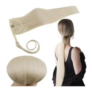 Vrigin-Natural 100% human cord wrap braided around straight blonde hair ponytail
