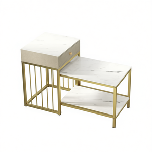 Juego de mesa de centro moderno de 2 piezas con cajón y estante, superficie de mármol blanco dorado, estructura metálica, muebles para sala de estar - Product Image 1