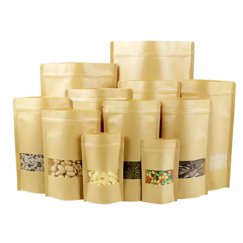 Stock Frosted Kraft Paper Packaging Bags Windowed Kraft Paper Bags Self-Sealing Nut Packaging Bags Foods Stand-up pouches