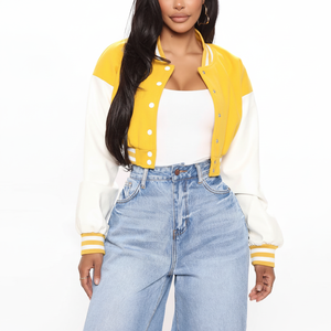 Chaqueta universitaria recortada a la moda para mujer con logotipo personalizado Top corto completo personalizado Chaqueta universitaria Procesamiento de punto MOQ bajo - Product Image 1