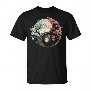 Camiseta Yin Yang Cherry Blossom Taijitu, diseño unisex negro, ropa artística espiritual - Product Image 2