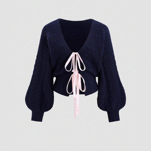 Dalang Women's V-neck Knitted <b>Cardigan</b> With Bow Tie Full Sleeve Loose Fit <b>Spring</b> Sweater - Product Image 1