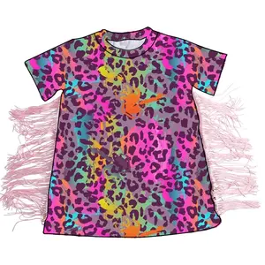 Camisetas de manga corta para niñas pequeñas, estampado de leopardo multicolor con flecos, Tops, ropa para niños