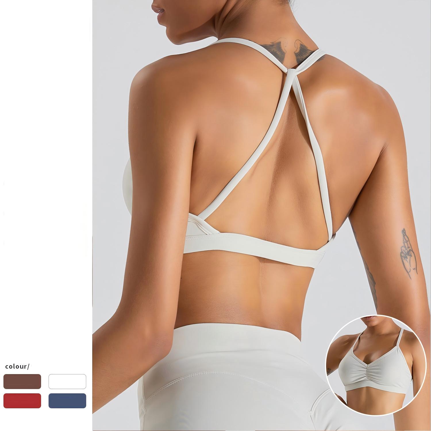 Wholesale Women's Ruched V-Neck Cross Back Sports Bra Padded Yoga Crop Top Quick Dry Workout Activewear Low Impact Running Bra