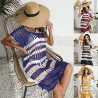 Robe midi de plage pour femme, à rayures, en crochet ajouré, à manches courtes, respirante, 100% polyester, tricot ample, vêtements de plage d'été