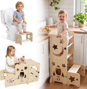 Toddler Standing <b>Tower</b>,4-in-1 Kitchen Stool with Blackboard | Foldable Wooden <b>Learning</b> <b>Tower</b> for Counter & Bathroom - Product Image 1