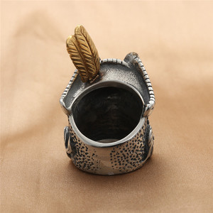 Bague Crâne pour Homme, Style Punk Pirate, en Acier Titane, Yeux Bleus, Plume Dorée, Bijou Rétro Tendance, Cadeau - Product Image 2