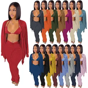 Wholesale Women Clothing Knit Bra Cardigan And Long Pants 3 Piece Set