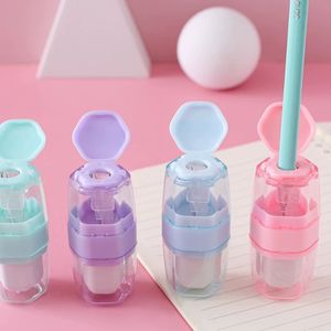 Rautan pensil plastik Manual 2 in 1 dengan penghapus lubang ganda, rautan multiwarna dengan penghapus, alat tulis menyenangkan - Product Image 1