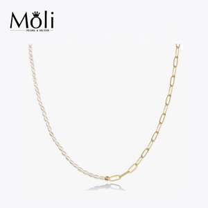 Moda Ins Style 14K Gold Filled Half Chain Half Rice Collar de perlas para mujer Joyería - Product Image 1