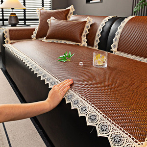 Coussins de canapé d'été en soie glacée, tapis en rotin frais antidérapant, type housse, bord en osier marron, matériau PE - Product Image 1