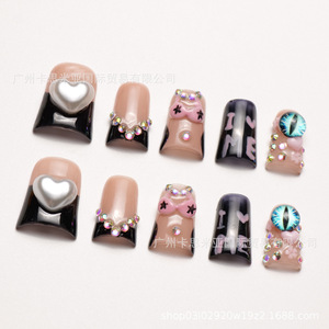 Faux ongles manuels à presser taille L, motif cœur et strass œil pour femme - Product Image 2