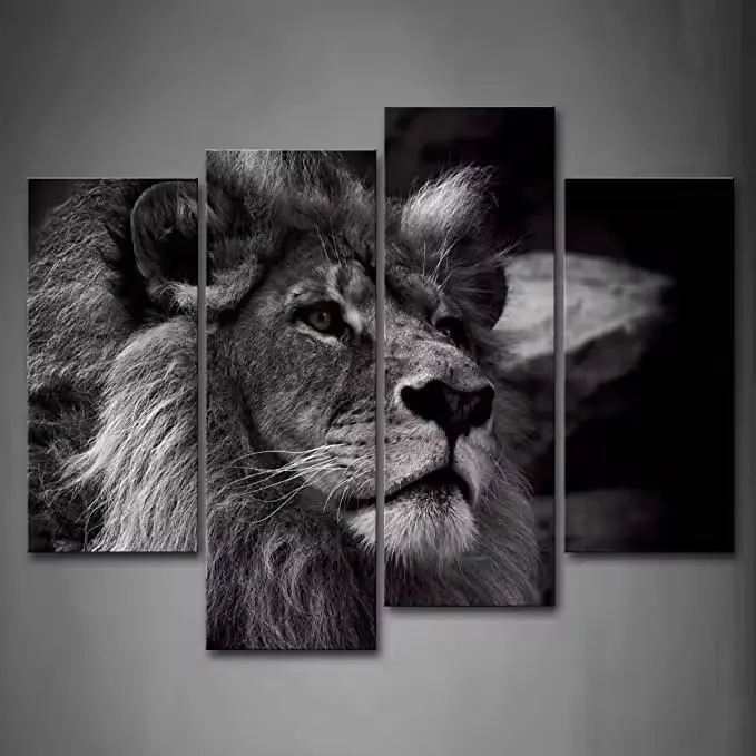 थोक नए डिजाइन काले और सफेद शेर सिर चित्र दीवार कला सजावट पेंटिंग चित्र कैनवास पशु पर प्रिंट 4 टुकड़े प्रति सेट