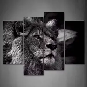 批发新设计黑白狮子头肖像墙艺术装饰画画布动物印刷每套4件