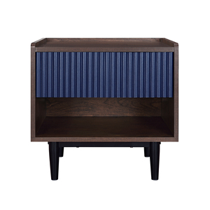 Nightstand In Navy Blue Wood With Ribbed Panel And <b>Open</b> Shelf <b>Storage</b> - Product Image 1
