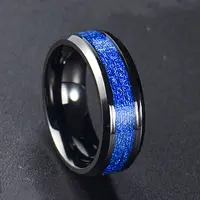 Poya סיטונאי Mens 8mm כחול סימולציה מטאוריט שיבוץ שחור טונגסטן קרביד טבעת