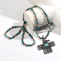 Collier vintage bohème ethnique en pierre naturelle de 6 mm avec nœud en verre, pendentif en turquoise argenté antique en forme d'aigle