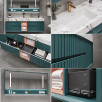 Meuble-lavabo mural moderne vert sarcelle cannelé avec vasque, armoire miroir LED et étagère ouverte pour projet hôtelier