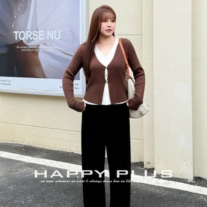 Cárdigan de Punto con Cuello en V de Varias Capas Happy Plus para Mujer, Grosor Medio, Color en Contraste, Talla Grande, Top de Otoño Invierno - Product Image 1