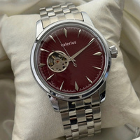 Jam Tangan Otomatis Valerius Men, Dial Burgundy Sunburst Open Heart Skeleton, Gelang Baja Tahan Karat