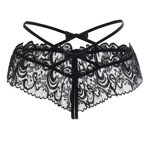 Tanga sexy de encaje para mujer, negra, transparente, con volantes y lazo, de talle bajo, lencería. - Product Image 5