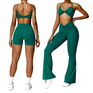 Aoyema Wholesale Athletic Wear Women 2 Piece Workout Outfits Yoga High Waist Leggings with Backless Sports Bra Exercise Set