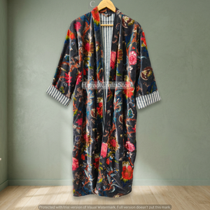 Floral Printed Velvet Regular Robe Women's Wrap <b>Tie</b> Dressing Gown Summer Winter Wear Three Quarter Sleeve Reversible - Product Image 5