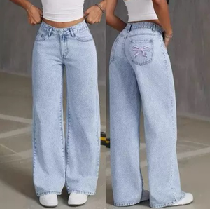 <span class=keywords><strong>Jean</strong></span> droit <span class=keywords><strong>taille</strong></span> haute ample pour femme avec strass, grande <span class=keywords><strong>taille</strong></span>, en denim respirant polyester/coton - Product Image 4