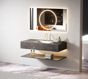 Conjunto de armario de baño de lavabo articulado sin costuras de losa de <span class=keywords><strong>roca</strong></span> estilo hotel moderno acabado de tablero de piedra compuesta LED cobre personalizable - Product Image 1